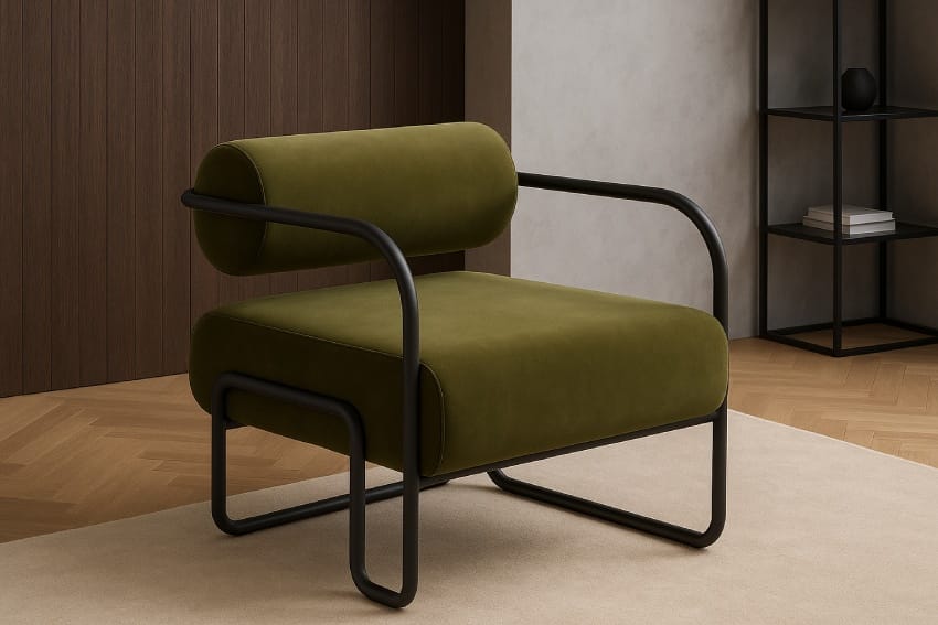 リビングルームのコンパクトな布張りアームチェア