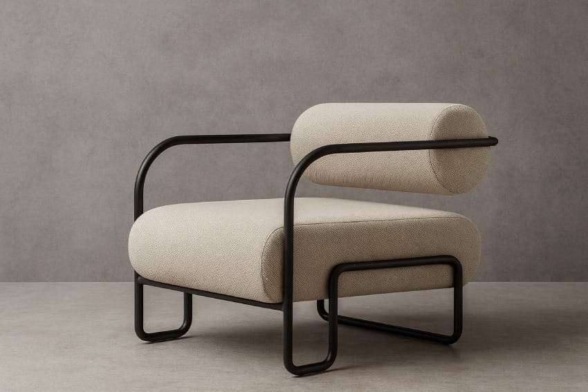 黒い金属フレームの布張りアームチェア(小