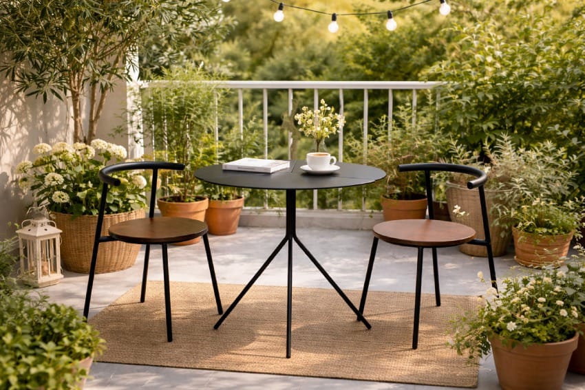 Black metal frame armchairs in the garden