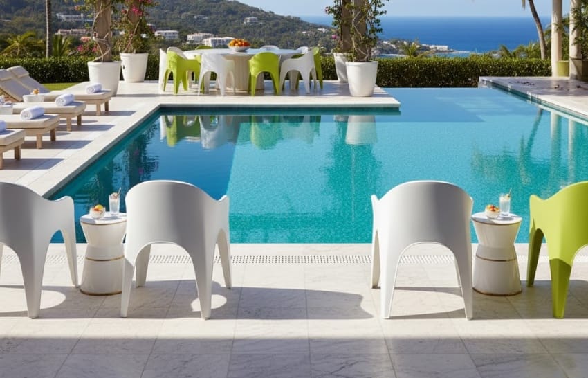 Stackable chairs arranged near the pool