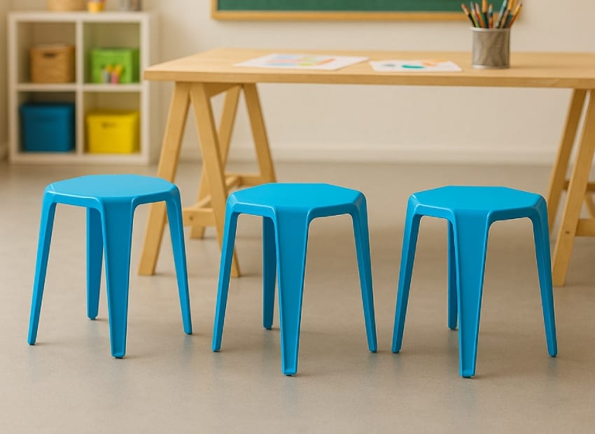 Blue stacking chairs in art room