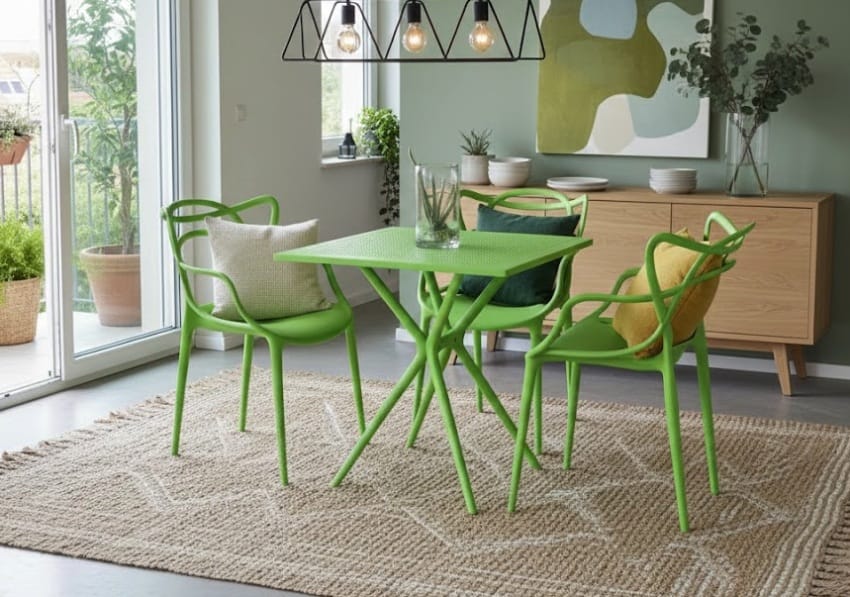 Green plastic chairs with table