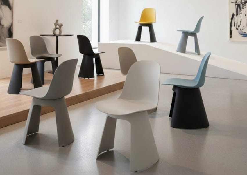 Plastic dining chairs in the showroom