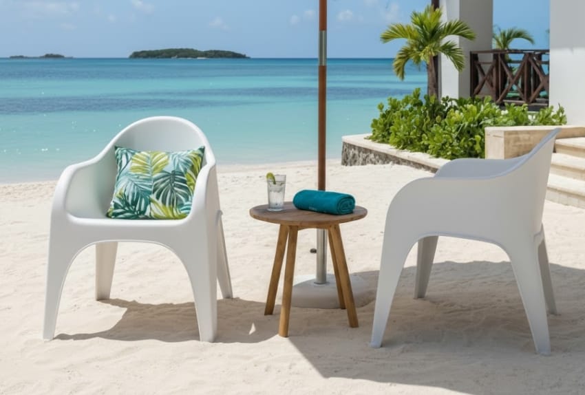 Plastic outdoor stackable chairs on the Caribbean beach
