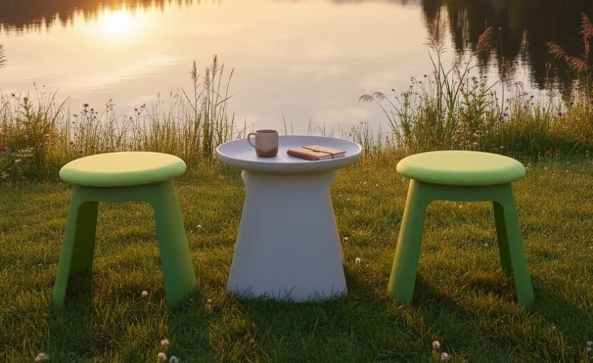 Polypropylene table outdoor with green chairs