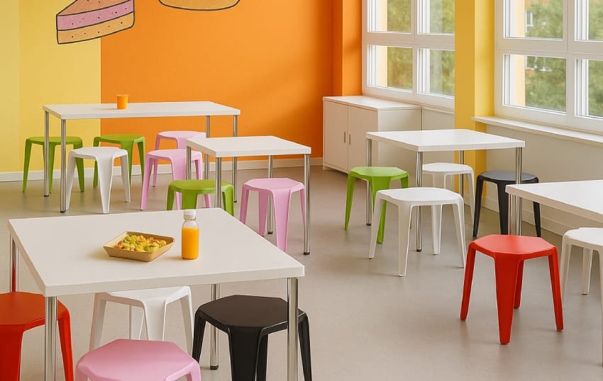 Stacking chairs in the cafeteria