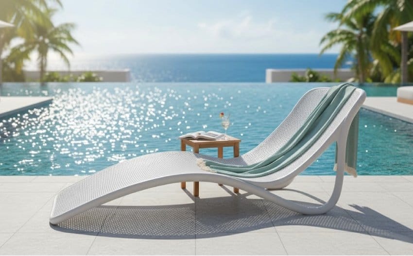 White plastic pool lounge chairs