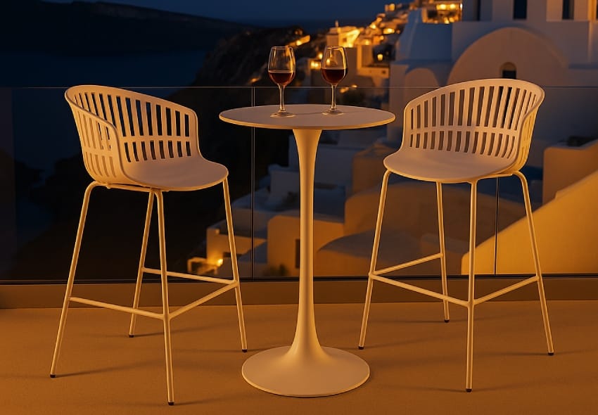 White plastic bar stools with backs