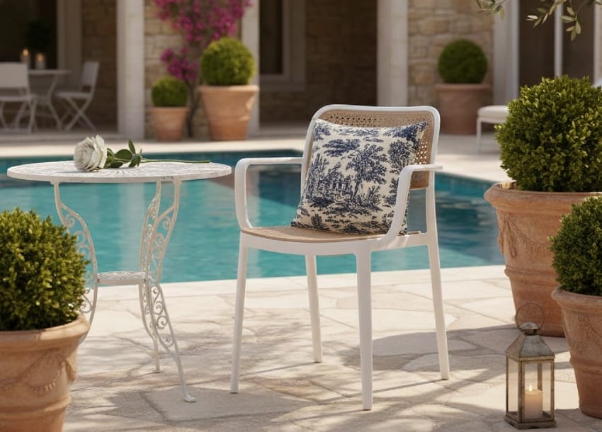 White plastic lawn chair with rattan style elegant