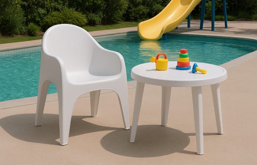 Plastic outdoor stackable chairs with a table