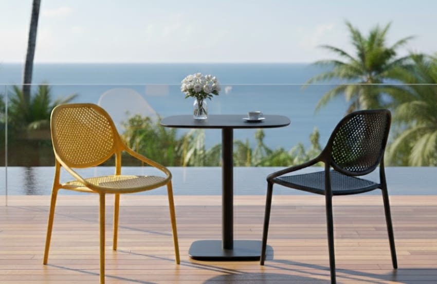 Black and yellow plastic garden chairs