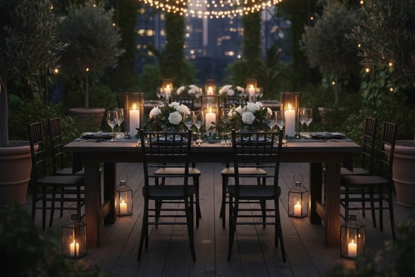 Black plastic chairs on the patio