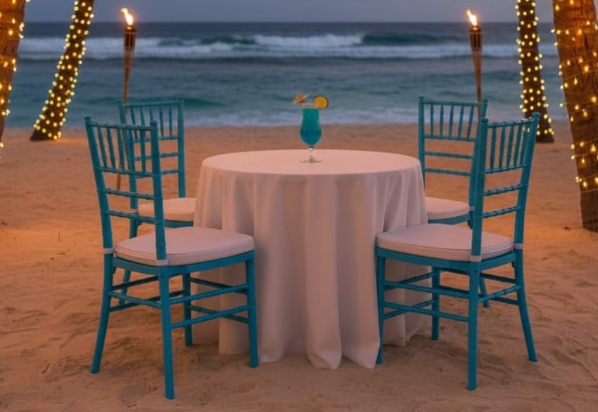 Blue plastic stackable chairs on the Hawaiian beach