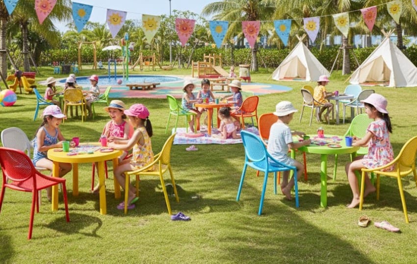 Plastic garden chairs in the playground