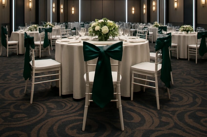 White plastic stackable chairs in banquet room