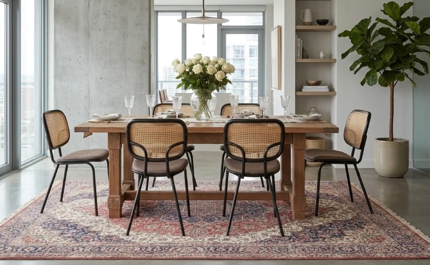 Rattan back dining chair with wooden table