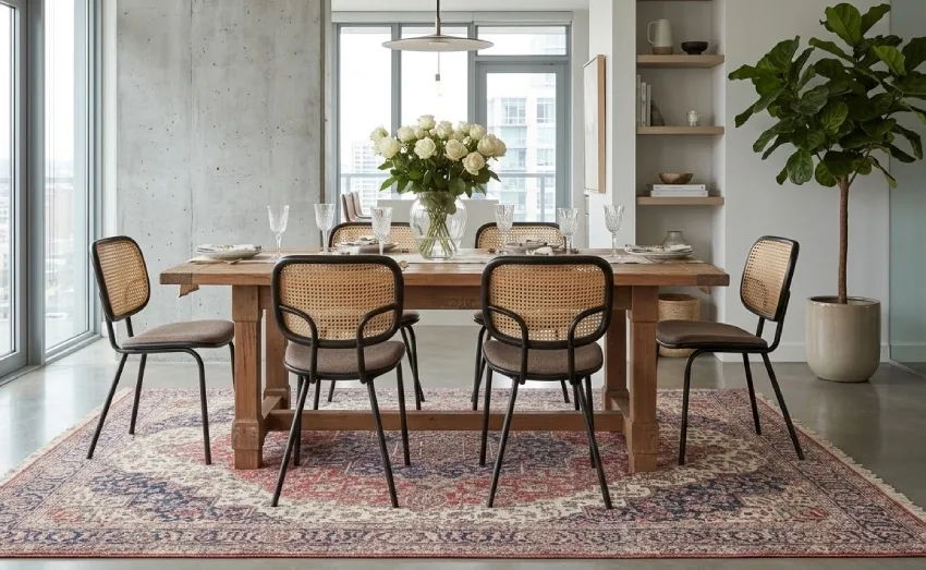 Silla de comedor con respaldo de ratán y mesa de madera