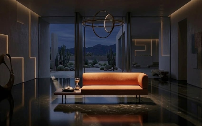 An earthy orange bench presented in an elegant gallery setting at night