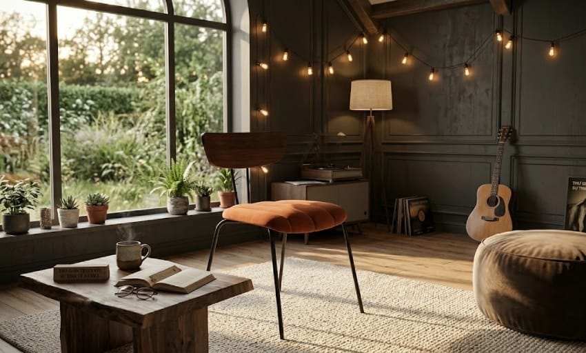 An orange chair in the bedroom