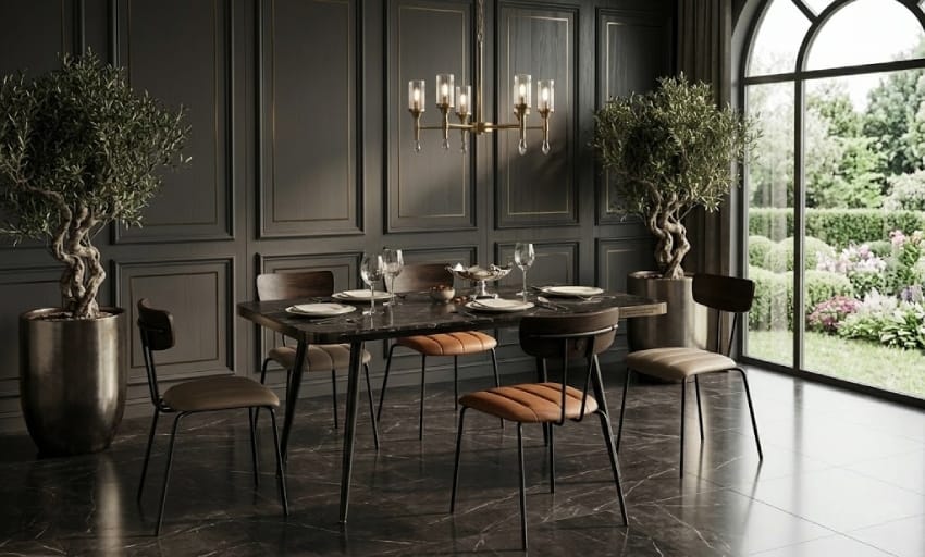 Black metal frame dining chairs in the hotel