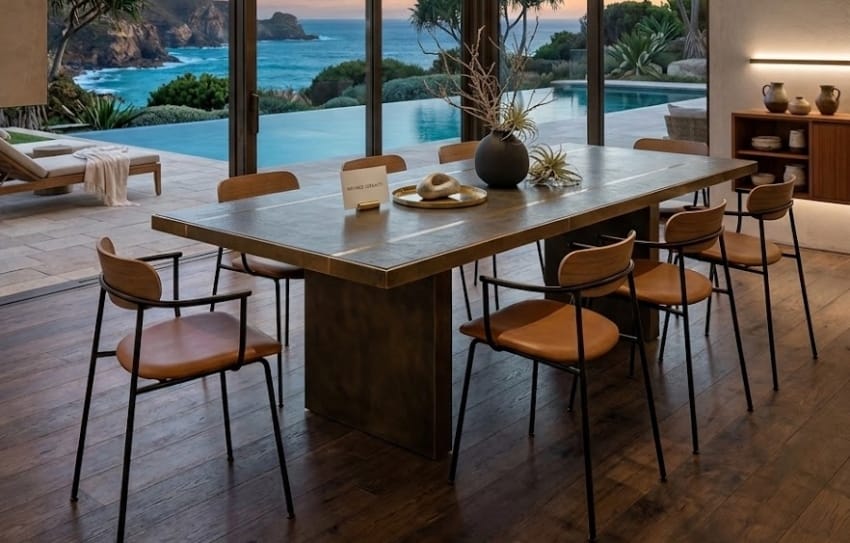 Brown leather chair with metal frame in the resort