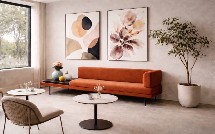 Earthy orange metal long chair in the café