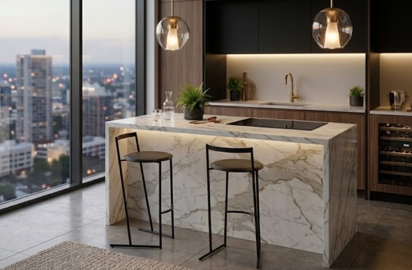 Metal cafe stools in the penthouse