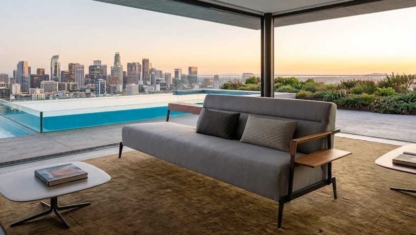 Metal-framed bench in the penthouse