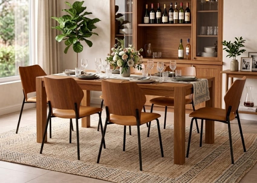 Современная столовая в скандинавском стиле с мягкими стульями