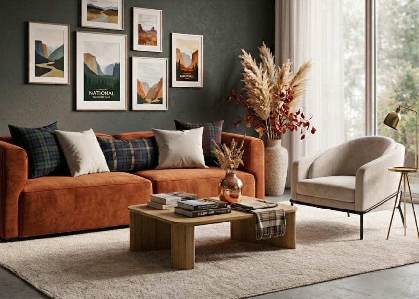 Reddish-brown metal-legged sofa