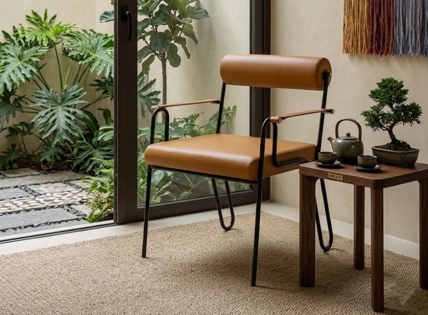Metal frame dining room chair with leather sling seats