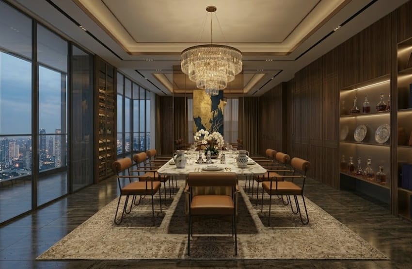 Metal framed chairs in the luxurious dining room.